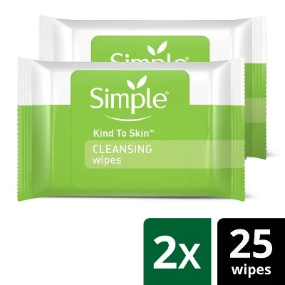 Unscented Simple Cleansing Facial Wipes Kind to Skin  2x25ct
