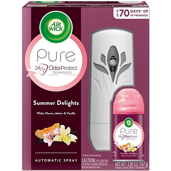 Air Wick Life Scents Automatic Air Freshener Spray Starter Kit Summer Delights with White Flowers, 