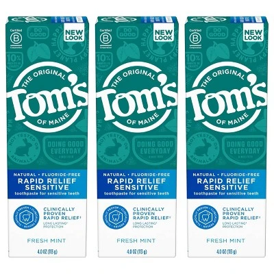 Tom's of Maine Rapid Relief Sensitive Fluoride Free Toothpaste Fresh Mint 4.0oz/3pk