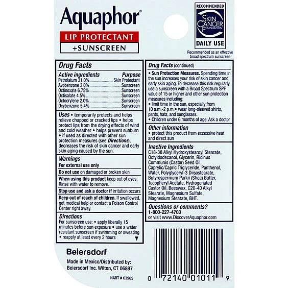 Aquaphor Lip Protectant + Sunscreen Lip Balm  SPF 30  0.35 fl oz