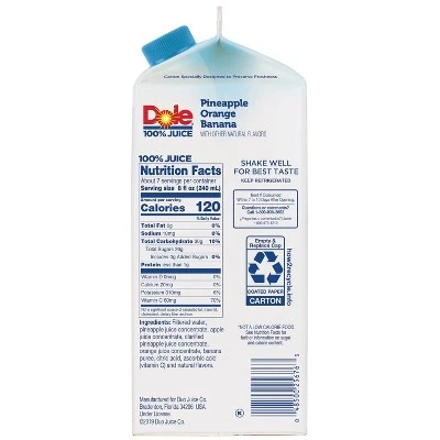 Dole 100% Juice Flavored Blend of Apple, Pineapple, Orange & Banana Juices From Concentrate, Pineap