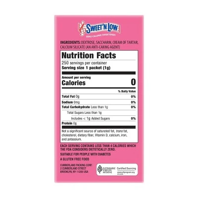 Sweet'N Low Zero Calorie Sweetener Packets  250/8.75oz