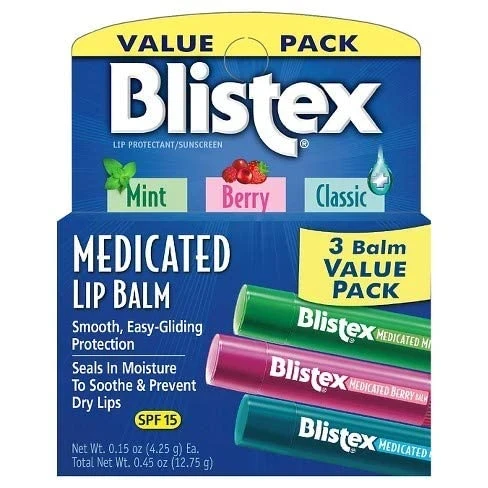 Blistex Medicated SPF 15 Lip Balm Pack  Mint, Berry & Classic  3ct