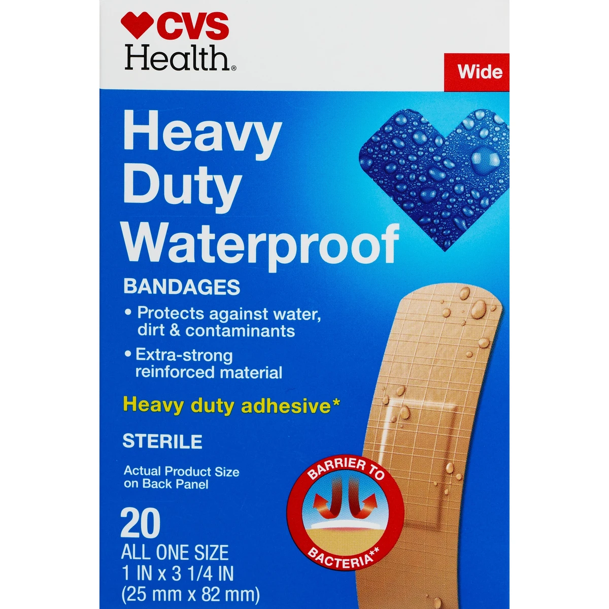 CVS Health Heavy Duty Waterproof Anti Bacterial Bandages, One Size, 20 CT