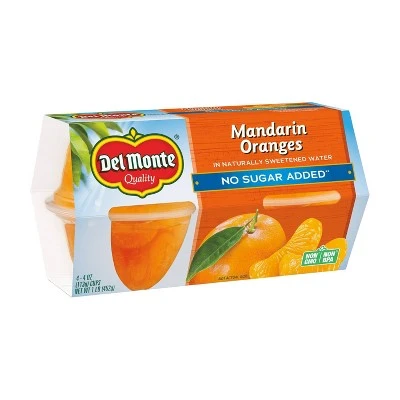 Del Monte No Sugar Added Mandarin Oranges In Artificially Sweetened Water Fruit Cups  4ct