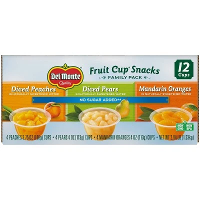Del Monte Diced Peaches Diced Pears & Mandarin Oranges Fruit Cups 4oz/12ct