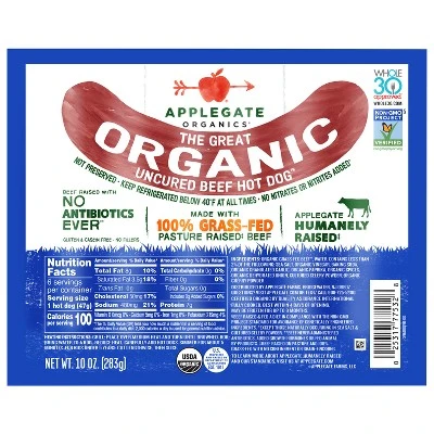 Applegate Grassfed The Great Organic Uncured Beef Hot Dog 10oz