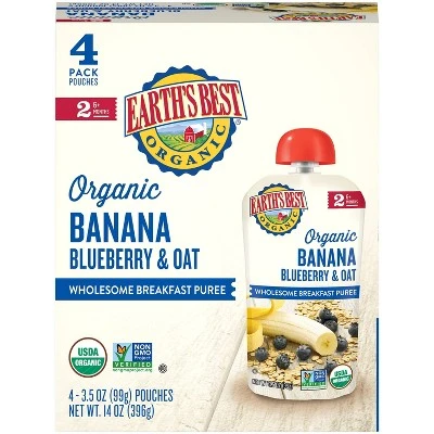 Earth's Best Organic Blueberry Banana Flax & Oat Baby Food Pouch  4oz/4pk Each