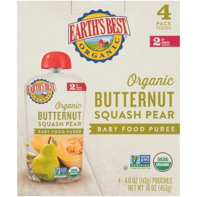 Earth's Best Organic Butternut Squash Pear Baby Food Pouch  4oz/4pk Each