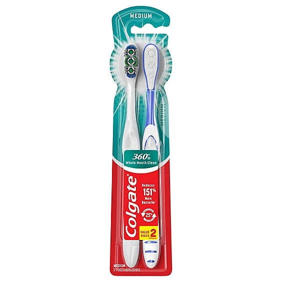 Colgate 360 Toothbrush with Tongue & Cheek Cleaner  Medium  2ct