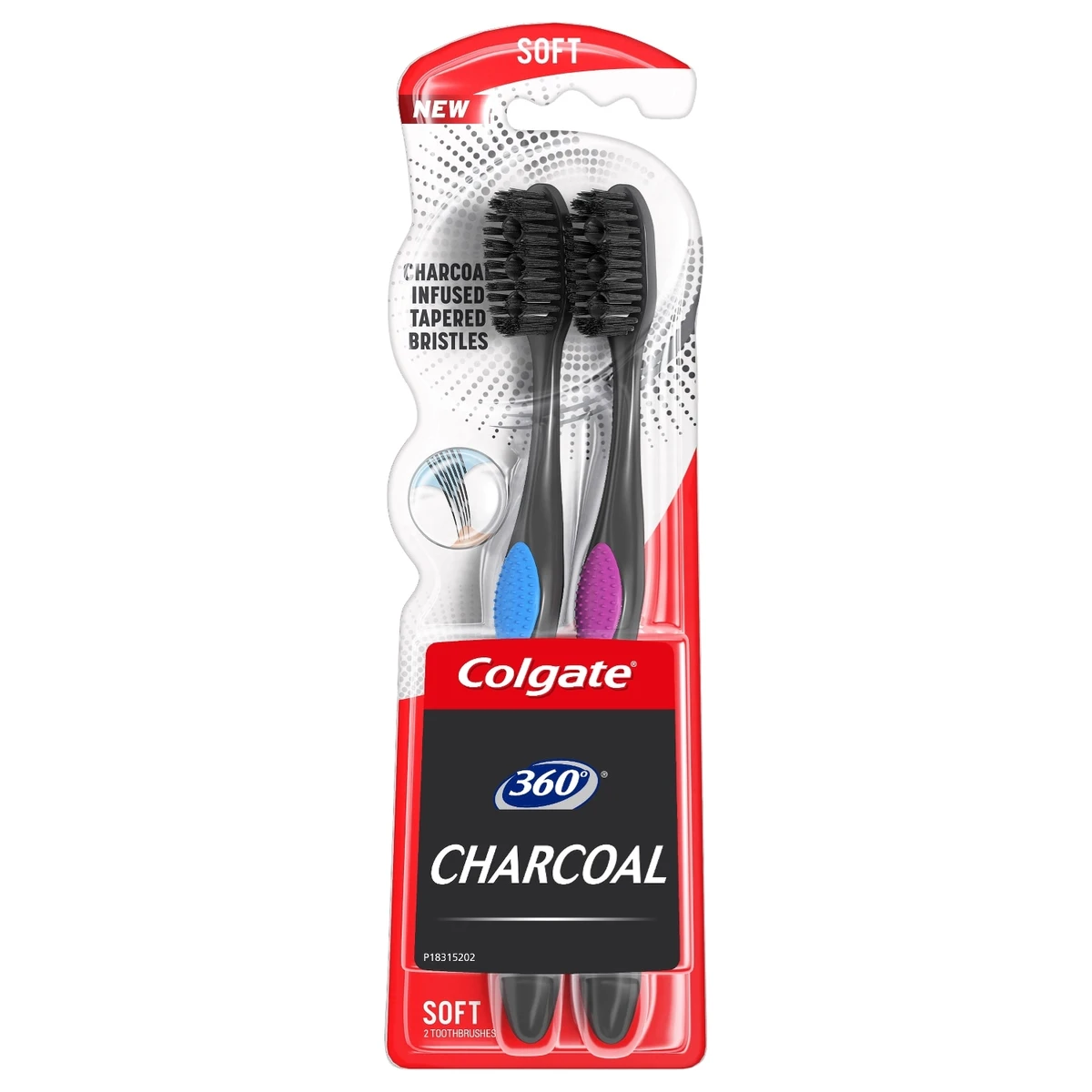 Colgate 360 Manual Charcoal Toothbrush with Tongue & Cheek Cleaner Soft Bristles 2ct