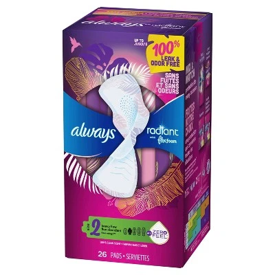 Always Radiant Pads Heavy Flow Absorbency  Scented  Size 2  26ct