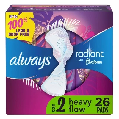 Always Radiant Pads Heavy Flow Absorbency  Scented  Size 2  26ct