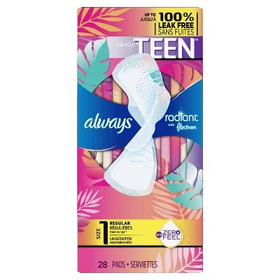 Always Radiant Teen Pads Regular Absorbency & Unscented  28ct
