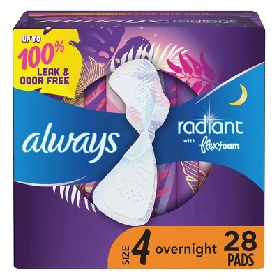 Always Radiant Overnight Sanitary Pads With Wings  Scented  Size 4  28ct