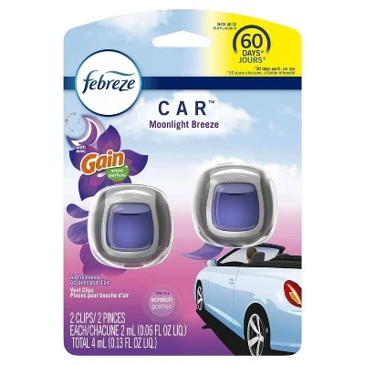 Febreze Car Odor Eliminating Air Freshener Vent Clip with Gain Scent Moonlight Breeze 2ct