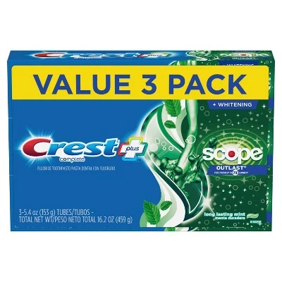Crest + Scope Outlast Complete Whitening Toothpaste Mint Value Pack 3ct 16.2oz