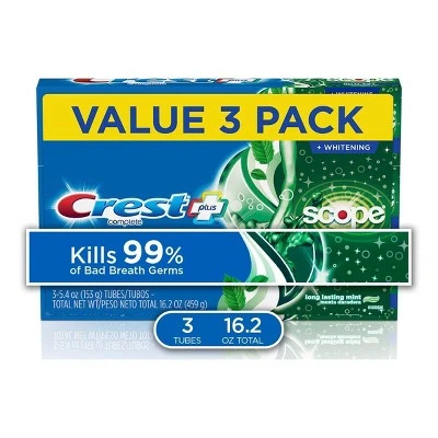 Crest + Scope Outlast Complete Whitening Toothpaste Mint Value Pack 3ct 16.2oz