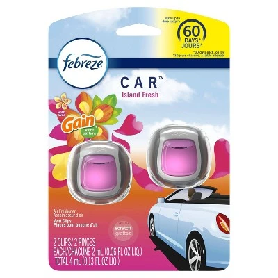 Febreze Car Odor Eliminating Air Freshener Vent Clips With Gain Scent Island Fresh 2ct