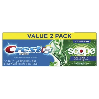 Crest + Scope Outlast Complete Whitening Toothpaste Mint  5.4oz  Pack of 2
