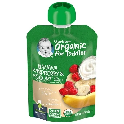 Gerber Organic Toddler Banana Raspberry & Yogurt with Vanilla Baby Food Pouch 3.5oz