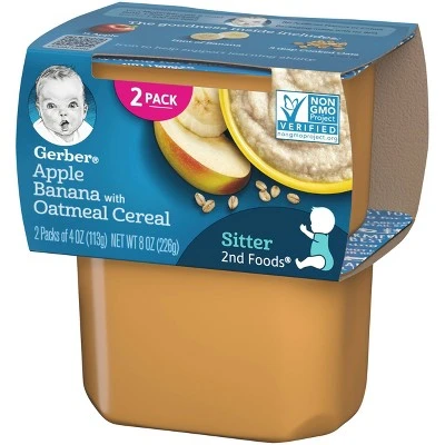 Gerber Sitter 2nd Foods Apple Banana with Oatmeal Cereal Baby Food Tubs 2ct/4oz Each