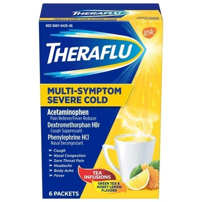 Theraflu Multi Symptom Severe Cold Relief Powder Acetaminophen Green Tea & Honey Lemon 6ct