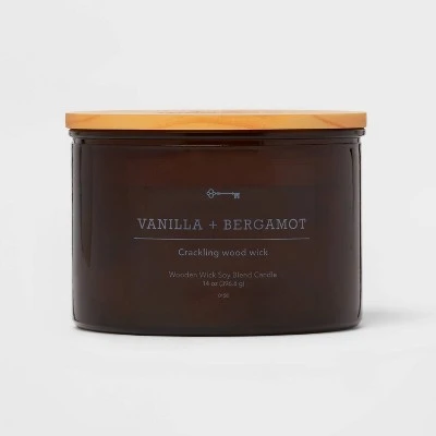 14oz Lidded Glass Jar Crackling Wooden 3 Wick Candle Vanilla & Bergamot  Threshold™