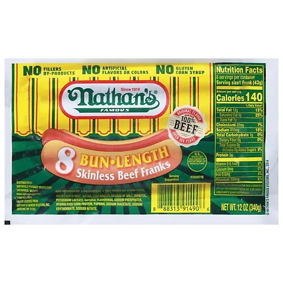 Nathan's Famous Bun Length Skinless Beef Franks 12oz/8ct