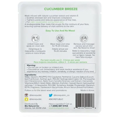 BioRepublic Skincare Face Mask Cucumber Breeze 3ct