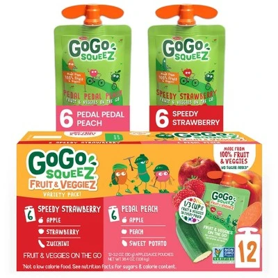 GoGo squeeZ Fruit & VeggieZ, Variety Peach/Strawberry  3.2oz/12ct