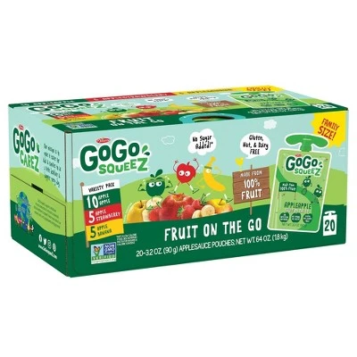 GoGo squeeZ Applesauce, Variety Apple/Banana/Strawberry 3.2oz/20ct