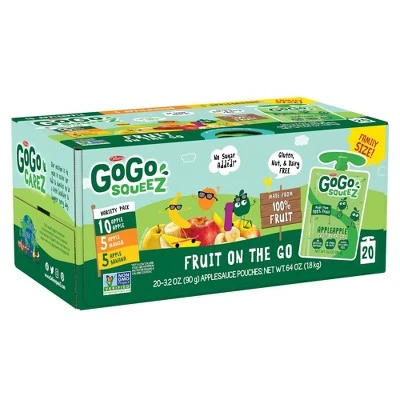 GoGo squeeZ Applesauce, Variety Apple/Banana/Mango  3.2oz/20ct