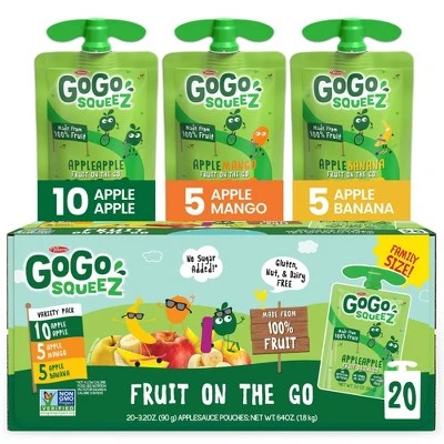 GoGo squeeZ Applesauce, Variety Apple/Banana/Mango  3.2oz/20ct