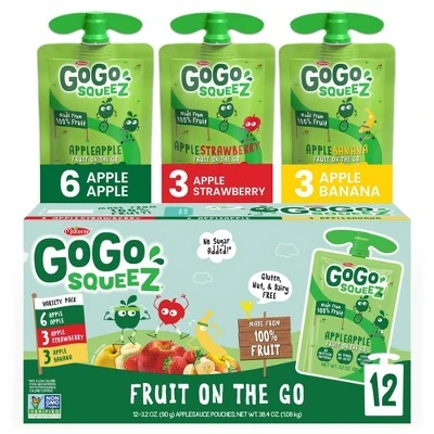 GoGo squeeZ Applesauce Variety Apple/Banana/Strawberry 3.2oz/12ct