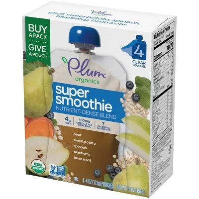 Plum Organics Super Smoothie Organic Baby Food, Pear, Sweet Potato, Spinach, Blueberry with Beans &