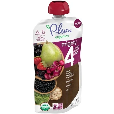 Plum Organics Mighty 4 Blends Pear Cherry Blackberry Strawberry Black Bean Spinach & Oat Baby Snack