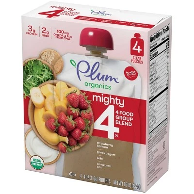 Plum Organics Mighty 4 Blends Strawberry Banana Greek Yogurt Kale Amaranth & Oats Baby Snacks  4ct/