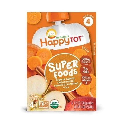 HappyTot Super Foods 4pk Organic Apples Sweet Potato Carrots & Cinnamon with Super Chia  16.88oz