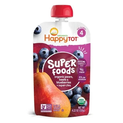 HappyTot Super Foods Organic Pears Beets & Blueberries with Super Chia Baby Food Pouch  4.22oz