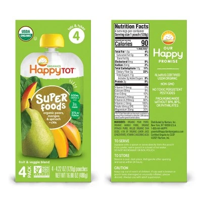 Happytot Organics Fruit & Veggie Blend Super Baby Food, Organic Pears, Mangos & Spinach + Super Chi