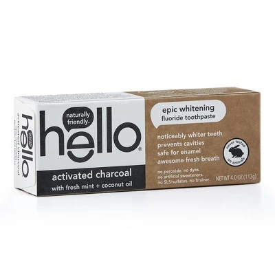 hello Activated Charcoal Whitening Fluoride Toothpaste , sls Free & Vegan , 4oz