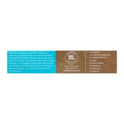 Hello Naturally Friendly Antiplaque + Whitening Fluoride Free Toothpaste, Natural Peppermint