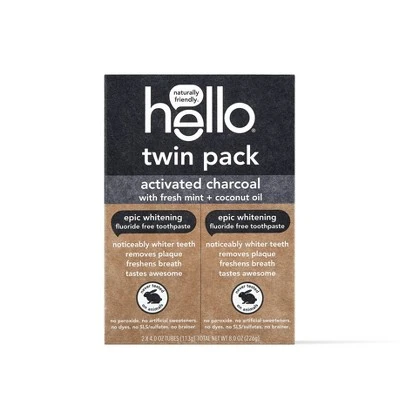 hello Activated Charcoal Epic Whitening Fluoride Free Toothpaste SLS Free + Vegan Twin Pack  4oz/2pk