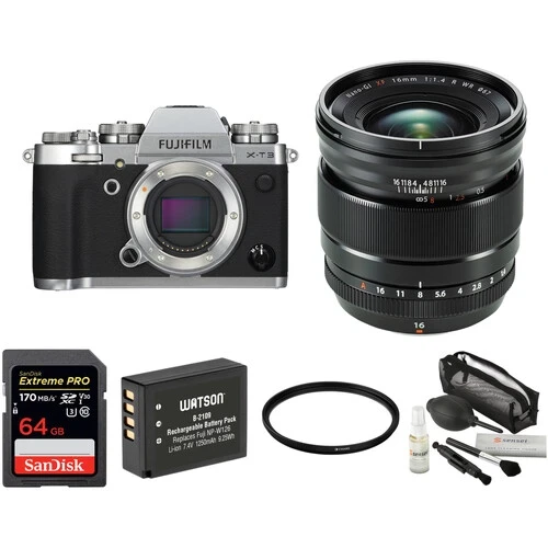 FUJIFILM X-T3 Mirrorless Digital Camera with 16mm f/1.4 Lens and Accessories Kit (Silver)