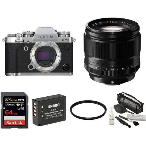 FUJIFILM X-T3 Mirrorless Digital Camera with 56mm Lens and Accessories Kit (Silver)